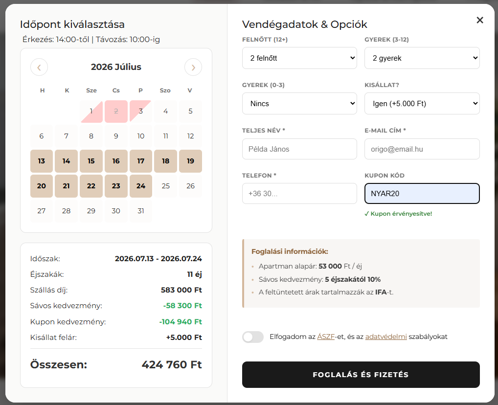 Apartman kuponkezelő felület – kedvezmények és promóciók